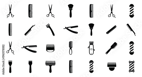Collection of various black and white icons representing different tools and implements