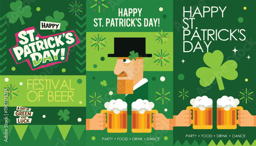 St. Patrick's Day vertical banners set, Irish festival of beer posters with leprechaun and shamrocks, green holiday celebration flyers with beer mugs