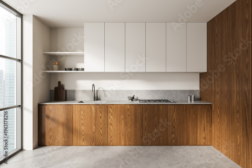 Modern minimal kitchen interior with wooden cabinets, white cupboards, concrete countertop and bright daylight view through large window. 3D Rendering