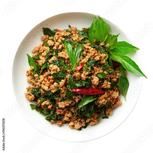 Stir-fried minced pork with holy basil leaves or pad kra pao moo isolated [Transparent Background PNG].
