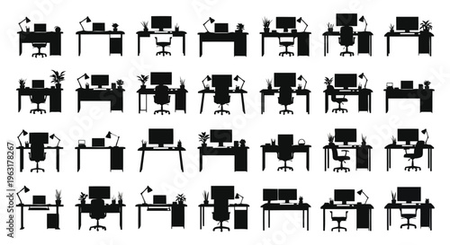 A collection of diverse office workspace setups with desks and chairs in various configurations