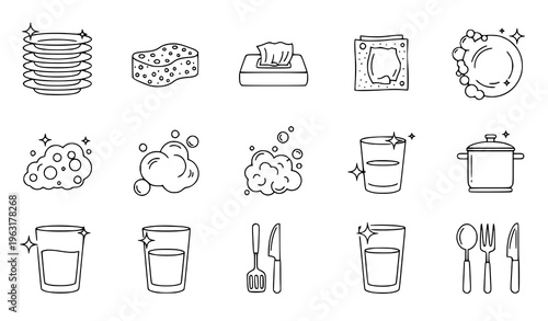 Clean dishes icon set plate stack sponge soap bubbles kitchen cleaning line vector illustration isolated on white background