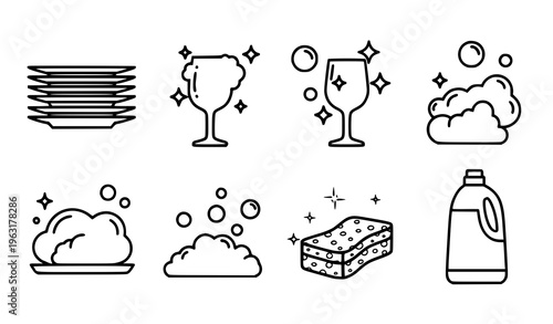Dishwashing icon set clean plates sponge foam bubbles kitchen utensil vector illustration isolated on white background