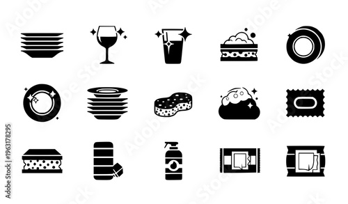Kitchen cleaning and dishes icon set flat black plate sponge soap bubbles vector illustration isolated on white background