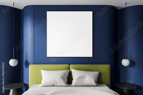 Modern interior bedroom design with blank poster mockup on deep blue wall above green headboard and minimal lighting accents in elegant style. 3D Rendering
