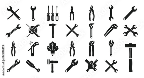 Classic black and white illustration of various hand tools and hardware items