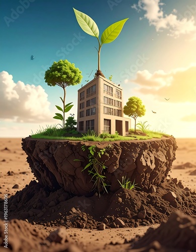 Wallpaper Mural Surreal depiction of a building sprouting greenery, representing growth and sustainability. Set on an earth island. Sky background Torontodigital.ca