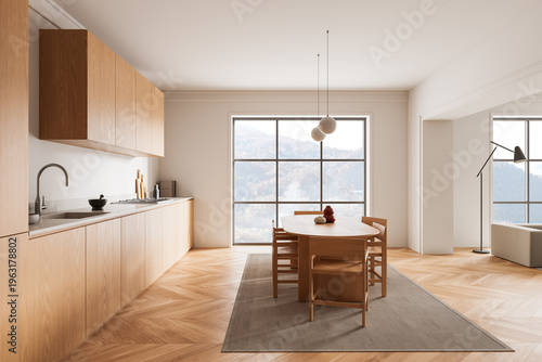 Bright minimalist interior kitchen and dining area with wooden furniture, large windows and serene modern design, sunlit open space. 3D Rendering