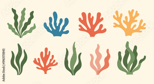 Vibrant coral reef plants in various colors on a soft cream surface for aquatic designs