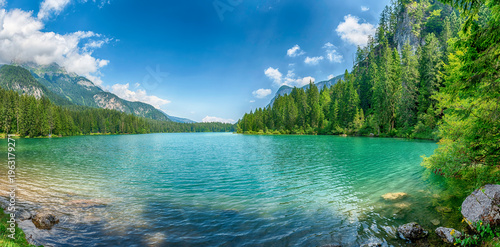 Bild auf Leinwand Crystal clear water of Lake Tovel, Trentino Alto Adige, Italy