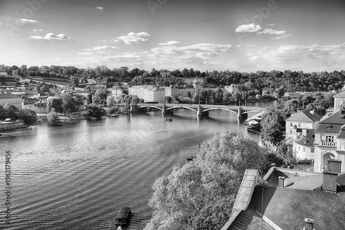 Vltava river flowing under Legion Bridge in Prague, Czech Republic