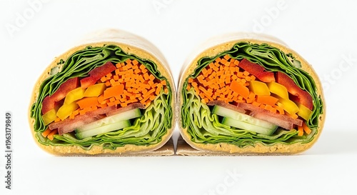 A colorful, cross-section view of a fresh vegetable wrap packed with layers of shredded carrots, peppers, cucumbers, and leafy greens, presented on a clean white background.