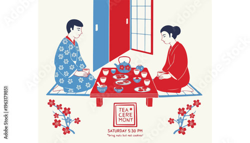Japanese tea ceremony vector illustration, traditional couple in kimono drinking tea, vintage Asian cultural event poster with cherry blossoms