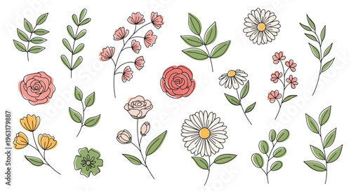 Collection of colorful flowers and leaves on plain surface for design use