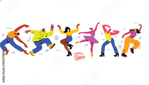 Street dance vector collection with diverse dancers. Modern urban performers in dynamic poses. Flat illustration of hip hop and ballet dancers.
