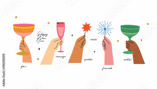 New Year celebration vector set, hands holding champagne glass and cocktail drinks, festive sparkler and firework elements for holiday party