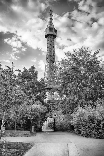 Petrin lookout tower rising above trees in Prague, Czech Republic