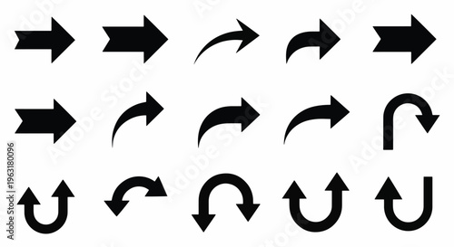 Collection of various black arrows on plain surface for navigation and direction