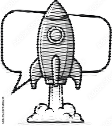 Rocket ship space flight halftone comic speech bubble vector illustration