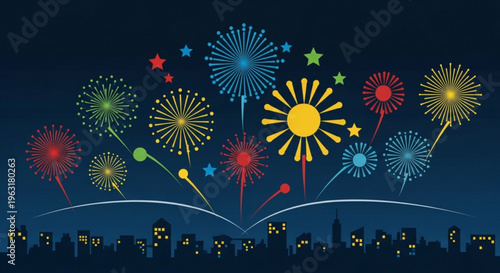 Vibrant fireworks exploding over city skyline at night with colorful bursts of light and stars in the dark blue sky