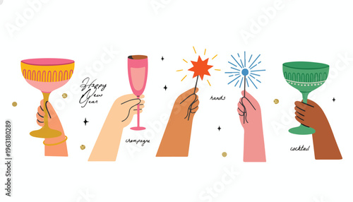 New Year celebration vector set with hands holding champagne glasses and sparklers, festive party elements for holiday invitations and social media