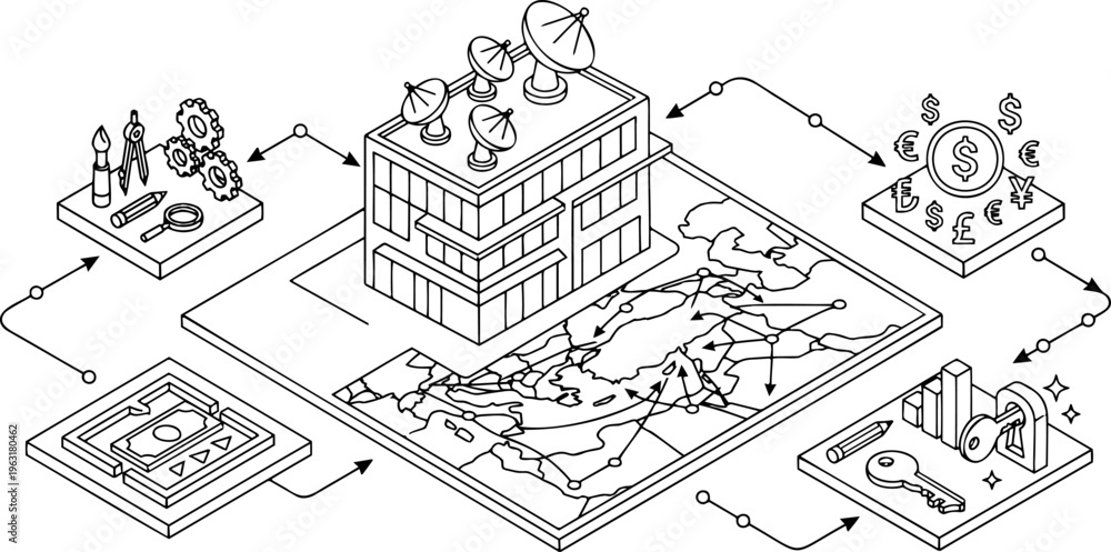 Fototapeta premium Isometric line art of cloud computing and IoT connected network