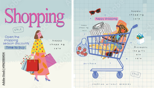 Modern shopping sale vector banners, woman carrying retail bags and full grocery cart, seasonal discount promotional posters for fashion and lifestyle