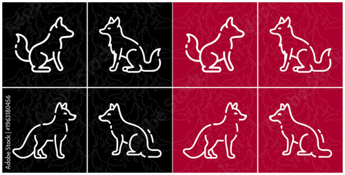 Stylized fox and dog silhouettes depicted against contrasting patterned backgrounds in various poses and orientations