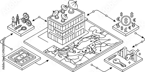 Isometric line art of cloud computing and IoT connected network