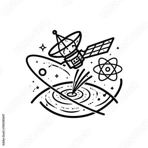 Satellite orbits black hole surrounded by stars and atomic symbol illustration