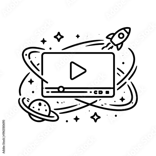 Vector illustration of a play button on a screen surrounded by cosmic elements like a rocket, planet, and stars, symbolizing online video and space exploration