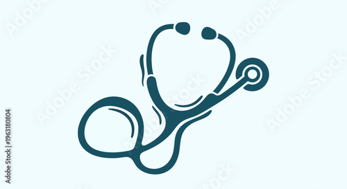 A stylized teal stethoscope is depicted against a light blue background, symbolizing healthcare and medical examination.