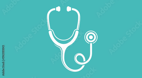 A minimalist white outline of a stethoscope is centered on a teal background, symbolizing healthcare and medical examination.