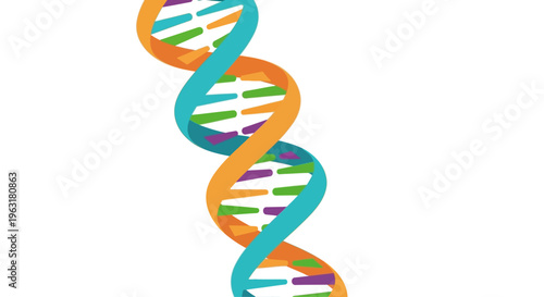 A vibrant, stylized illustration of a DNA double helix structure, showcasing its iconic twisted ladder shape with colorful segments representing base pairs.