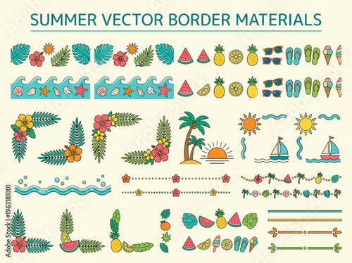 A vibrant collection of summer vector border materials featuring tropical leaves, flowers, fruits, beach items, and ocean elements for graphic design.