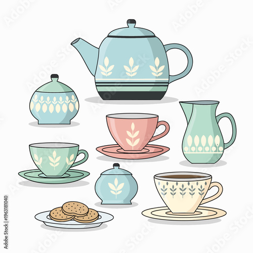Colorful tea set with cups plates and teapot on a table setting for breakfast or afternoon gathering