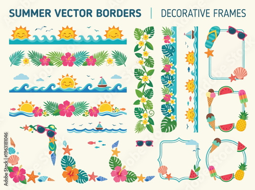 Collection of colorful summer vector borders and decorative frames with beach and tropical elements like sun, waves, flowers, and fruits.