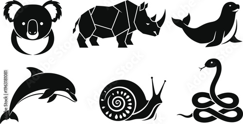 Black and white animal vector set with koala, rhino, seal, dolphin, snail, and snake icons for creative logo design and branding.