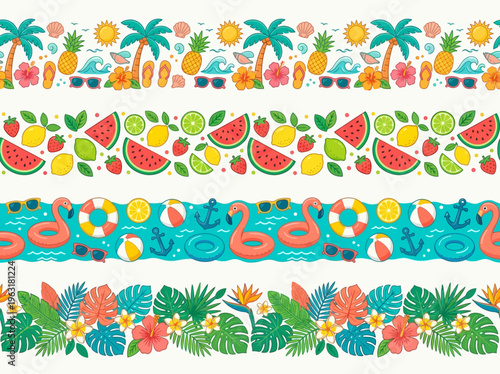 Four vibrant seamless summer-themed horizontal borders featuring tropical elements, fruits, beach items, and lush foliage, perfect for design.