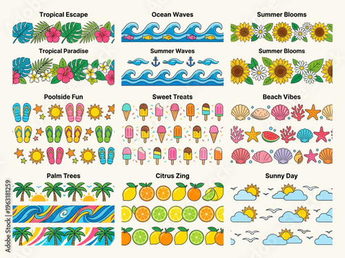 A vibrant collection of summer-themed decorative border designs featuring tropical plants, ocean waves, sunflowers, beach items, sweet treats, palm trees, citrus fruits, and sunny sky elements.