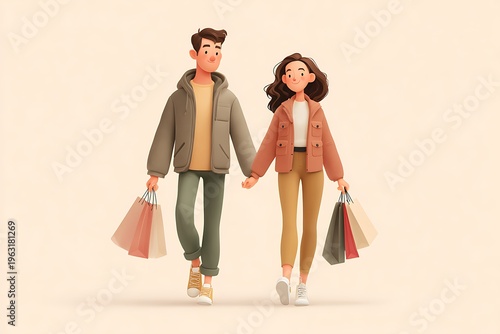 Couple shopping walking holding hands with bags