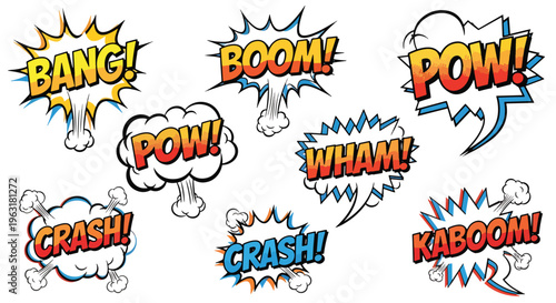Comic book sound effects in cartoon style speech bubbles on plain surface