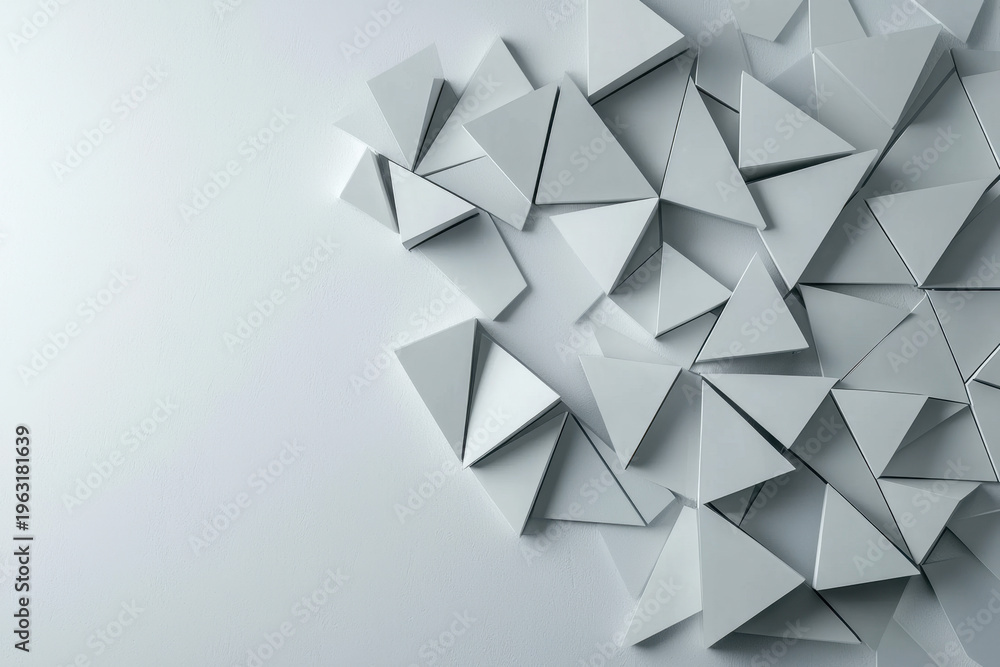 Obraz premium Minimalist geometric pattern with overlapping gray triangular shapes creating modern abstract wall design with subtle shadows and depth, evoking calm and sophistication