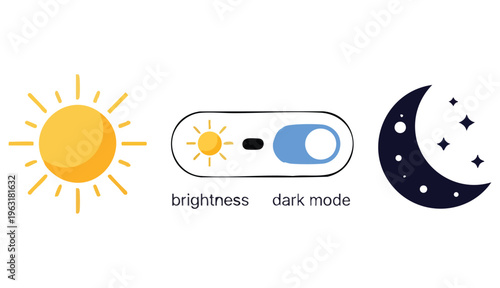 Sun and moon icon. Day and night mode adjustment buttons vector illustration. Brightness and dark mode toggle symbol. User interface and settings sign