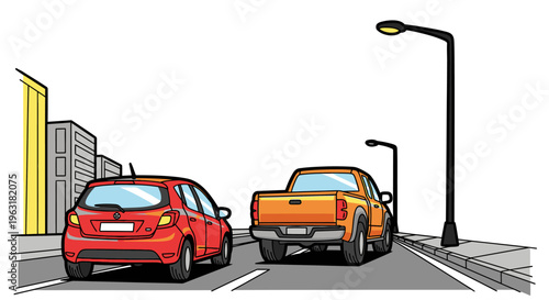 A colorful cartoon shows a red hatchback and an orange pickup truck driving on a road, flanked by buildings and streetlights, depicting urban life.