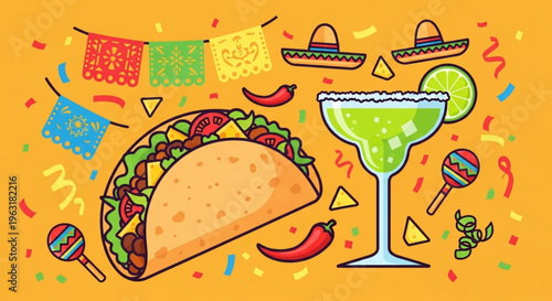 Vibrant mexican fiesta scene with taco margarita and sombreros on orange background with confetti