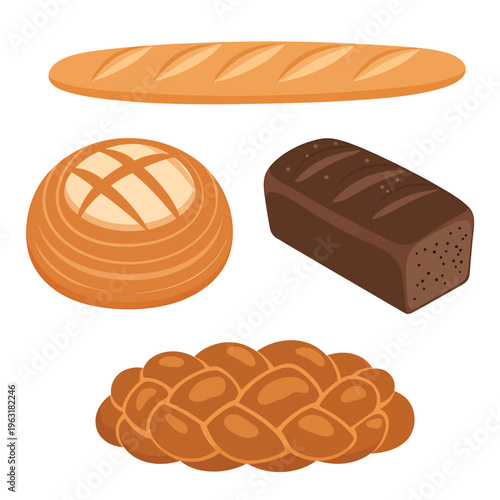 Assorted bread types including baguette boules and loaves on a neutral surface