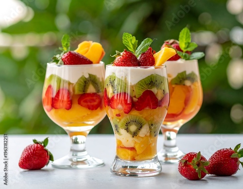 Wallpaper Mural Three layered fruit parfaits in elegant glasses, garnished with mint Torontodigital.ca
