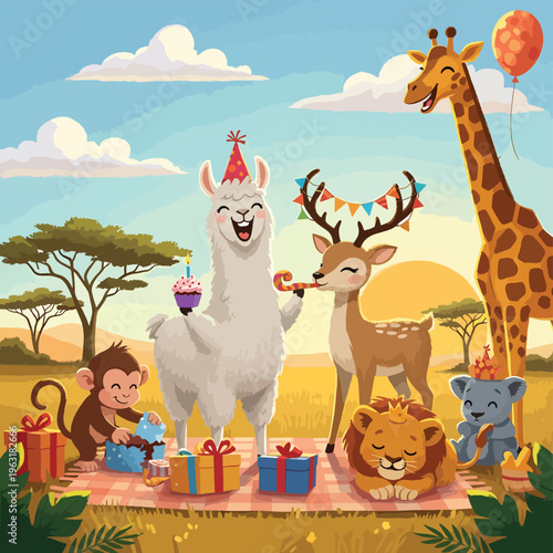Happy animals celebrate birthday with gifts and party hats in sunny savannah