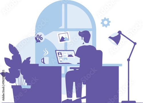 Man working on laptop at desk near window in modern apartment, remote work, freelance lifestyle